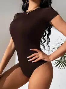 SHEIN Tall Solid Slim Fit Bodysuit - Chocolate Brown - View 3