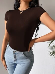 SHEIN Tall Solid Slim Fit Bodysuit - Chocolate Brown - View 6