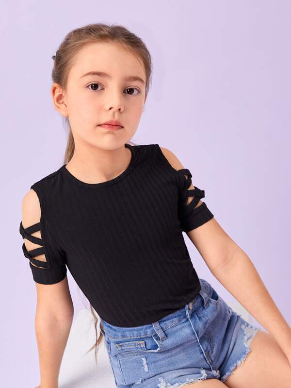 SHEIN Kids EVRYDAY Girls Criss Cross Cold Shoulder Tee SHEIN USA