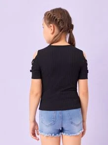 SHEIN 青少年女孩针织休闲十字交叉镂空肩短袖T恤 - 黑色 - 查看 3