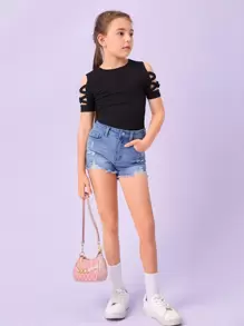 SHEIN 青少年女孩针织休闲十字交叉镂空肩短袖T恤 - 黑色 - 查看 5