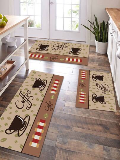 1pc Coffee Print Anti-slip Kitchen Rug, Modern Floor Mat For Home Decor