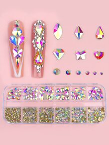 1 caja/12 rejillas Cristales de colores mixtos con forma redonda de fondo plano y asimétrica para decoración de uñas, adecuado para mujeres y niñas para uso diario. Encantos para uñas, gemas para uñas, suministros para uñas - Multicolor - Ver 2