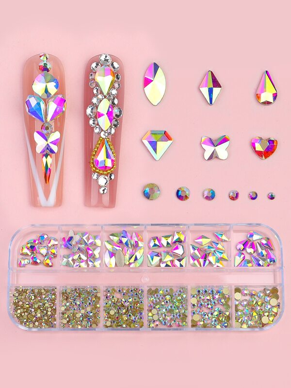 1box/12-Grid Mixed Size Colorful AB Flat-Bottomed Round & Asymmetric-Shaped Glass Rhinestones For Nail Art, Suitable For Women And Girls Daily DIY Nail Decoration. Nail Charms Nail Gems Nail Supplies