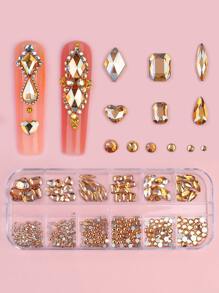 1 caja/12 rejillas Juego de rhinestones planos y asimétricos redondos de color champán de diferentes tamaños para decoración de uñas, adecuado para mujeres y niñas para manualidades de manicura diaria, charms para uñas, piedras para uñas y suministros para uñas - Champán - Ver 2