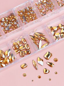 1 caja/12 rejillas Juego de rhinestones planos y asimétricos redondos de color champán de diferentes tamaños para decoración de uñas, adecuado para mujeres y niñas para manualidades de manicura diaria, charms para uñas, piedras para uñas y suministros para uñas - Champán - Ver 4