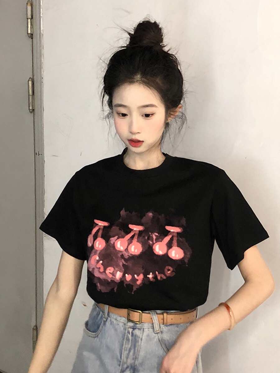 Letter & Cherry Pattern Tee - Black - View 1