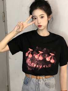 Letter & Cherry Pattern Tee - Black - View 3