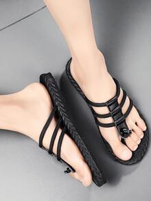 Men Thin Strap Flip Flops - Black - View 2