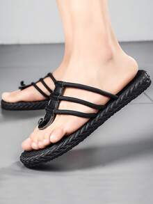 Men Thin Strap Flip Flops - Black - View 3