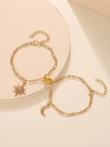 Set de 2 pulseras de estilo de moda con diseño de luna, estrella y corazón, adecuadas para usar a diario y como regalos de festivales y San Valentín - Amarillo Oro - Ver 1