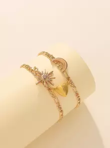 Set de 2 pulseras de estilo de moda con diseño de luna, estrella y corazón, adecuadas para usar a diario y como regalos de festivales y San Valentín - Amarillo Oro - Ver 2