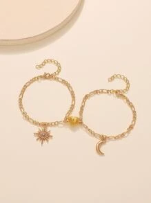 Set de 2 pulseras de estilo de moda con diseño de luna, estrella y corazón, adecuadas para usar a diario y como regalos de festivales y San Valentín - Amarillo Oro - Ver 3