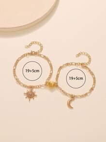 Set de 2 pulseras de estilo de moda con diseño de luna, estrella y corazón, adecuadas para usar a diario y como regalos de festivales y San Valentín - Amarillo Oro - Ver 4