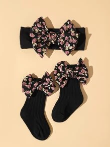 1雙嬰兒蝴蝶結裝飾襪子和1入組髮帶 - 黑色 - 查看 1
