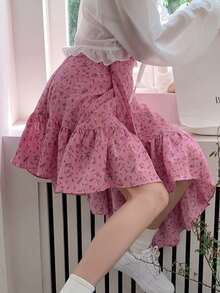 Ditsy Floral Asymmetrical Ruffle Hem Skirt - Pink - View 2