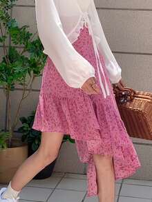 Ditsy Floral Asymmetrical Ruffle Hem Skirt - Pink - View 4