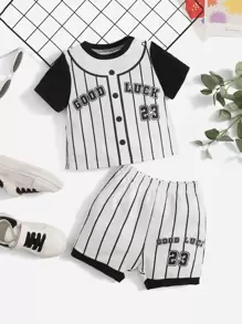 SHEIN 男嬰豎條紋和標語圖案T恤和短褲 - 白色 - 查看 1