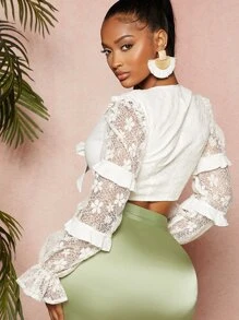 SHEIN Unity Áo nữ Tương phản ren Thắt nút Xù màu trơn Boho - trắng - Xem 2