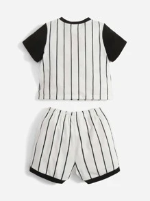 SHEIN 男嬰豎條紋和標語圖案T恤和短褲 - 白色 - 查看 2