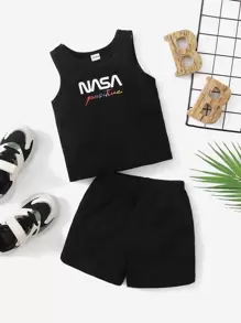 SHEIN Baby Boy Letter Graphic Tank Top & Track Shorts Set - Black - View 1