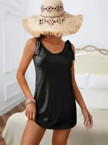 SHEIN Swim 肩上打結露背透視罩衫 - 黑色 - 查看 1