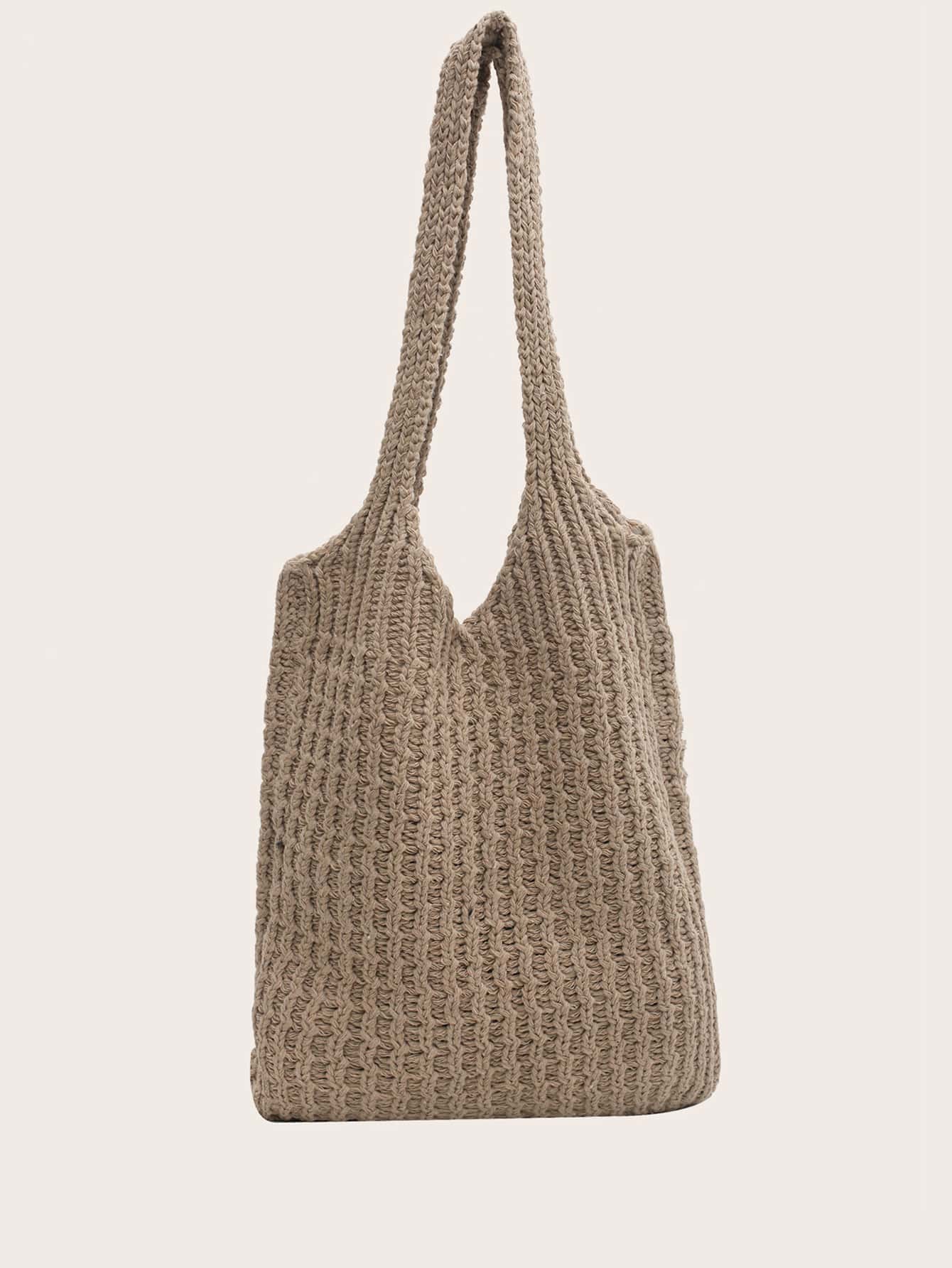 大容量鉤織托特包 - 卡其色 - 查看 1
