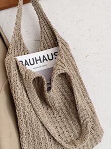 大容量鉤織托特包 - 卡其色 - 查看 4