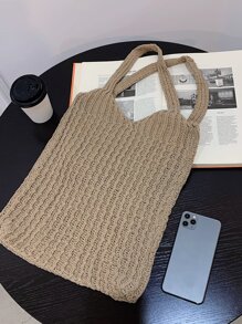 大容量鉤織托特包 - 卡其色 - 查看 6