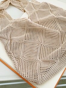 Simple Hollow Out Knitted Handbag Minimalist Tote Bag Travel Storage Bag Lightweight Knit Tote Bag For Teen Girls Women College Students Perfect For College,Outdoors,Travel,Outings,Shopping,Holiday,Beach,Summer Essentials,Perfect For Vacation & Holiday,School Bag,Large Capacity,Portable,For Teen Girls Women College Students,Perfect For Office,College,Elementary School,Middle School,High School,Work,Business,Commute - Beige - View 8