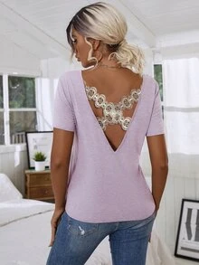 Floral Lace Crisscross Tee - Lilac Purple - View 5