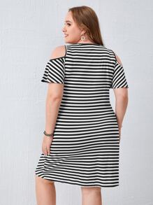 EMERY ROSE 大碼條紋圖案V領挖肩連衣裙 - 黑與白 - 查看 2