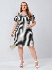 EMERY ROSE 大碼條紋圖案V領挖肩連衣裙 - 黑與白 - 查看 4