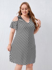 EMERY ROSE 大碼條紋圖案V領挖肩連衣裙 - 黑與白 - 查看 3