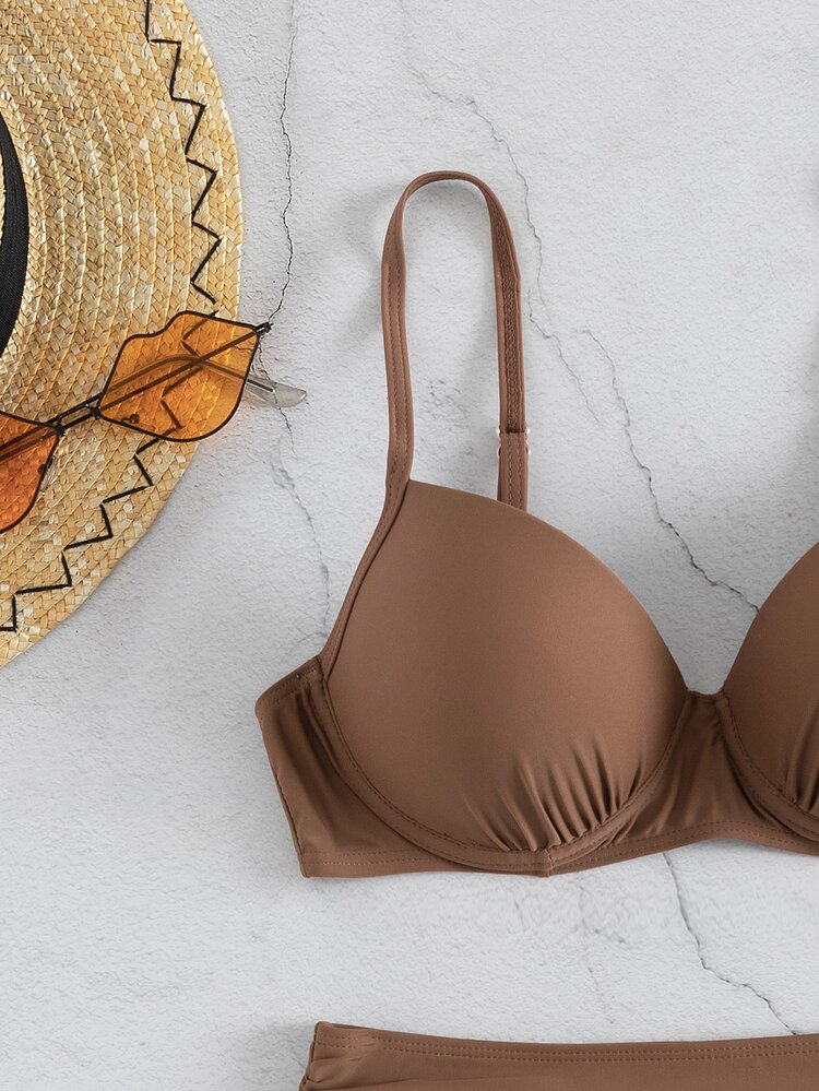 SHEIN Swim Summer Beach Ruched Push Up High Waisted Bikini - Coffee Brown - View 4