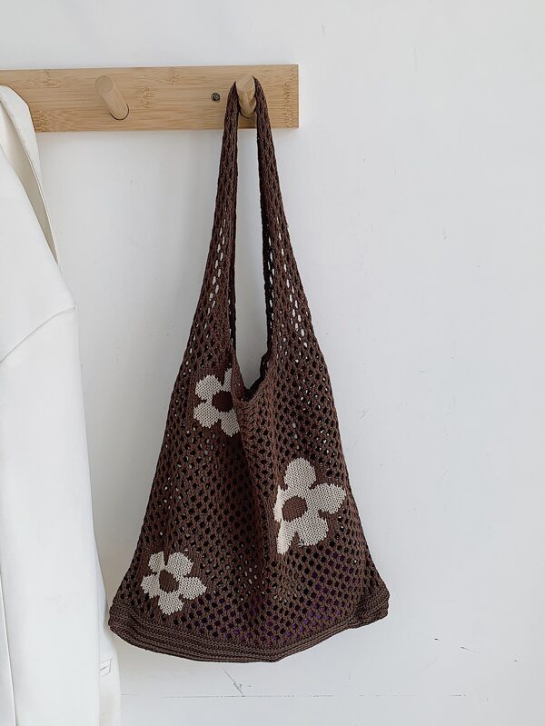 floral graphic crochet tote bag