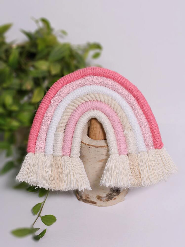EXQUILEG Tapisserie murale en macramé tissé à la main - Arc-en-ciel - Style bohème - Avec pompon - Pour décoration de chambre d'enfant - 28 x 18 cm (A