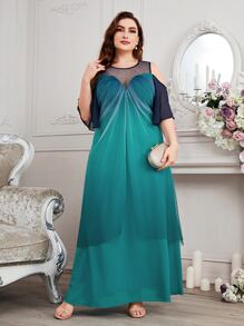 SHEIN Belle Plus Ombre Cold Shoulder Layered Hem Mesh Dress - Multicolor - View 3