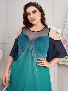 SHEIN Belle Plus Ombre Cold Shoulder Layered Hem Mesh Dress - Multicolor - View 4