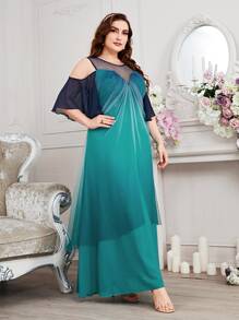 SHEIN Belle Plus Ombre Cold Shoulder Layered Hem Mesh Dress - Multicolor - View 5