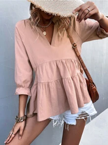 Notched Neck Flounce Sleeve Babydoll Blouse - Baby Pink - View 1