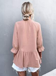 Notched Neck Flounce Sleeve Babydoll Blouse - Baby Pink - View 2