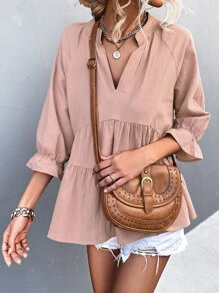 Notched Neck Flounce Sleeve Babydoll Blouse - Baby Pink - View 4