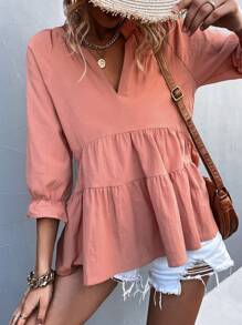 Flounce Sleeve Notched Neck Peplum Blouse - Coral Pink - View 1