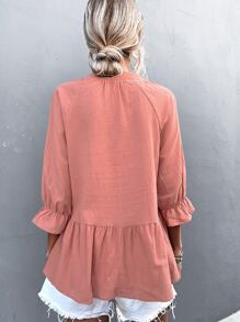 Flounce Sleeve Notched Neck Peplum Blouse - Coral Pink - View 2