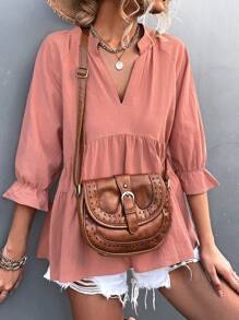 Flounce Sleeve Notched Neck Peplum Blouse - Coral Pink - View 3