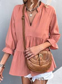 Flounce Sleeve Notched Neck Peplum Blouse - Coral Pink - View 4