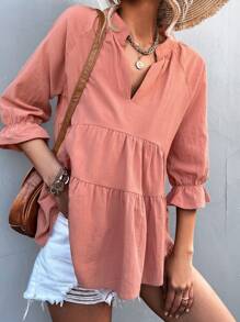 Flounce Sleeve Notched Neck Peplum Blouse - Coral Pink - View 5