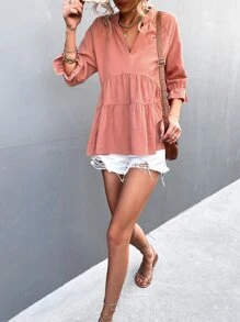 Flounce Sleeve Notched Neck Peplum Blouse - Coral Pink - View 6