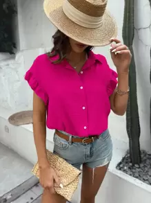 SHEIN Holidaya Áo sơ mi nữ Xù Nút phía trước màu trơn Giải trí - Màu Hồng Tươi - Xem 5
